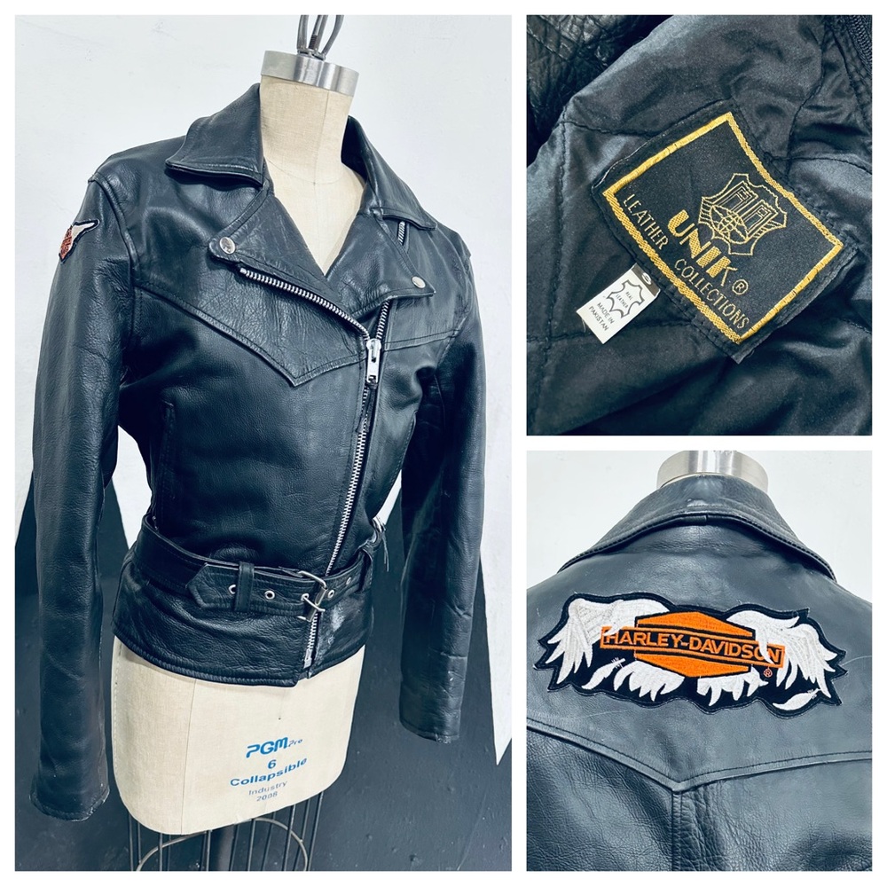 Unik 80s Leather Moto Jacket Asymmetrical Zipper and Harley Davidson patches